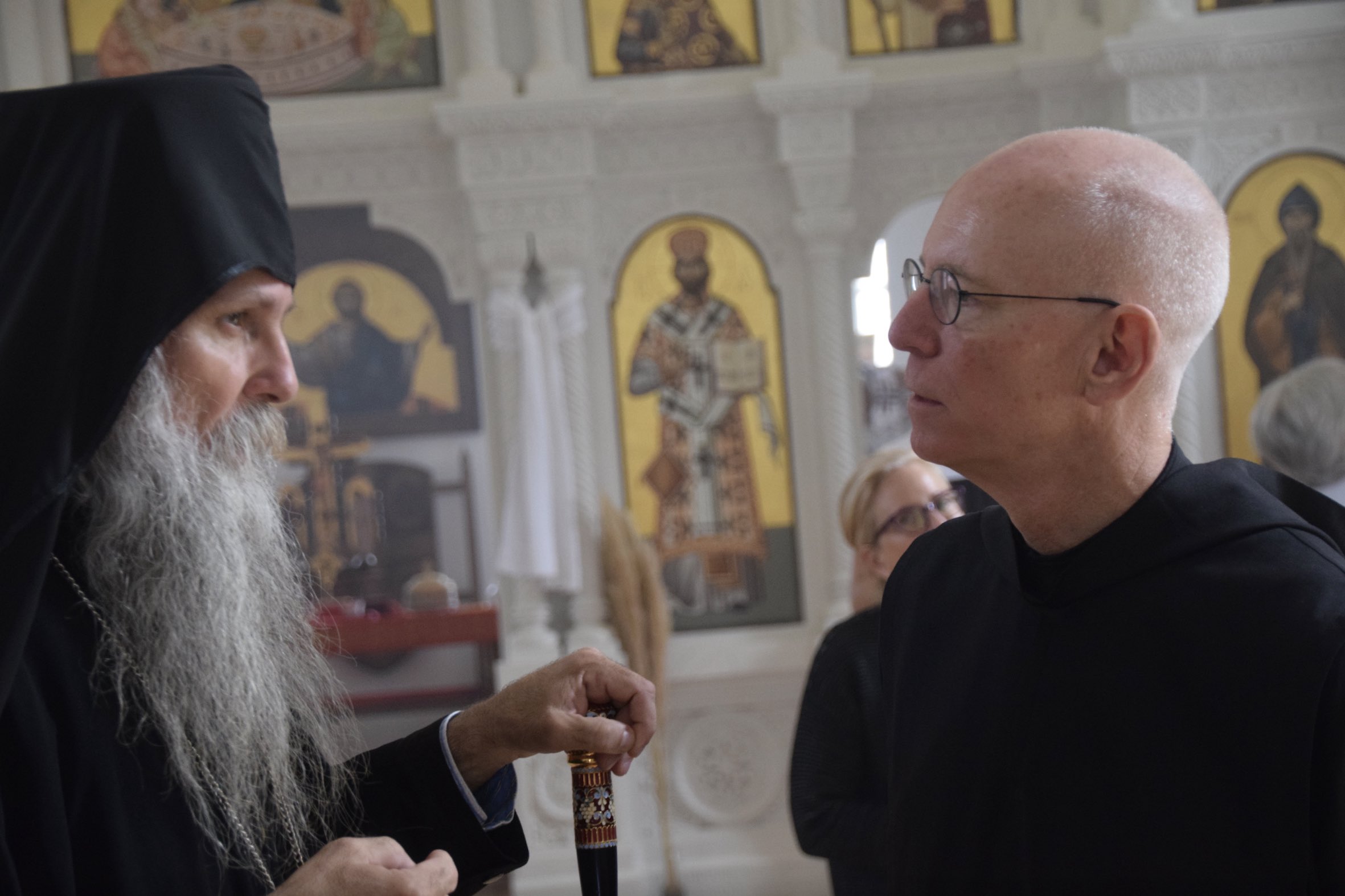 Bishop Jovan Ćulibrk (left) and Father Columba Stewart (right) in Pakrac